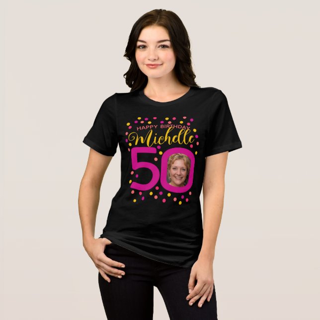 Camiseta Fotos de 50 anos pontos de confete amarelo rosa (Frente Completa)