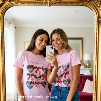Camiseta Fotos de Galentines com Corações e Laço em Colagem