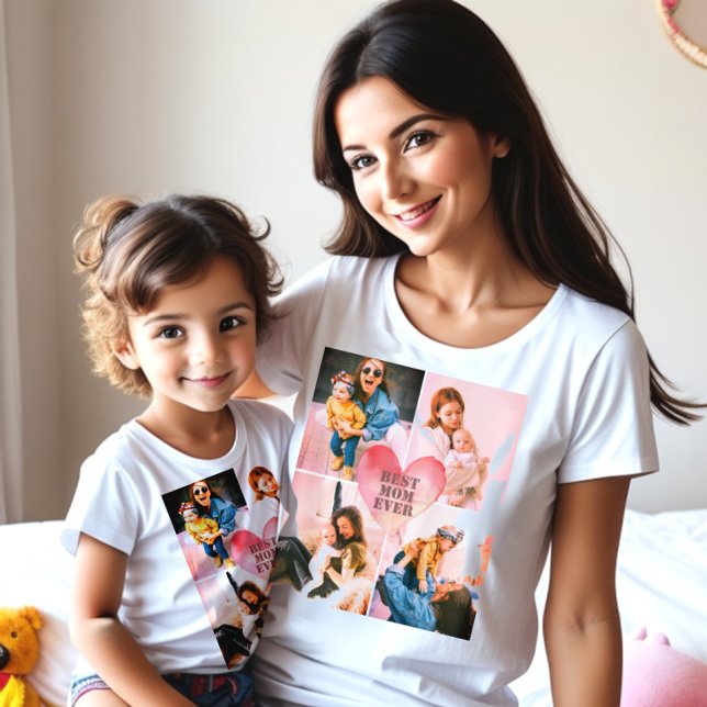 Camiseta Fotos filtradas personalizadas x4 e coração de mon (Heart monogram with custom text and four personalized pictures. Best mom ever)