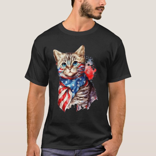 Camiseta Fourth of July Cat American Flag America Patriotic (Frente)