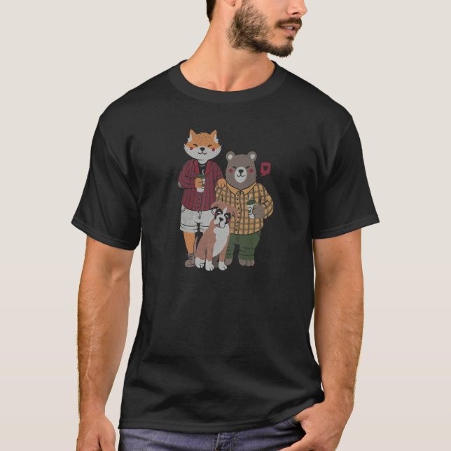 Camiseta Fox Bear Drink Coffee Cute Animals Family Valentin (Frente)