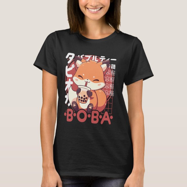 Camiseta Fox Boba Tea Kawaii Bubble Tea Fox Anime Neko Red  (Frente)