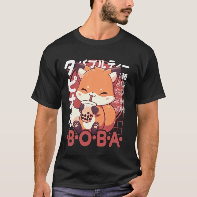 Camiseta Fox Boba Tea Kawaii Bubble Tea Fox Anime Neko Red  (Frente)