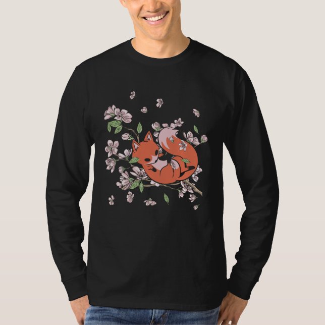 Camiseta Fox Cherry Blossom Foxes Japanese Flower Sakura (Frente)