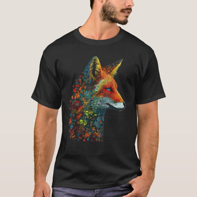 Camiseta Fox Colourful Flowers  Blue Eyes Animal Fox (Frente)