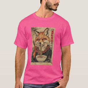 Camiseta Fox Eating Ramen Noodles Japonês Woodblock Ukiyoe