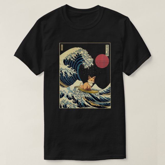 Camiseta Fox Japonês Kanagawa Onde Surf Engraçado (Frente do Design)