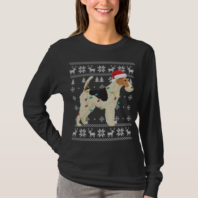 Camiseta Fox Terrier Christmas Ugly Lights Santa Hat D (Frente)