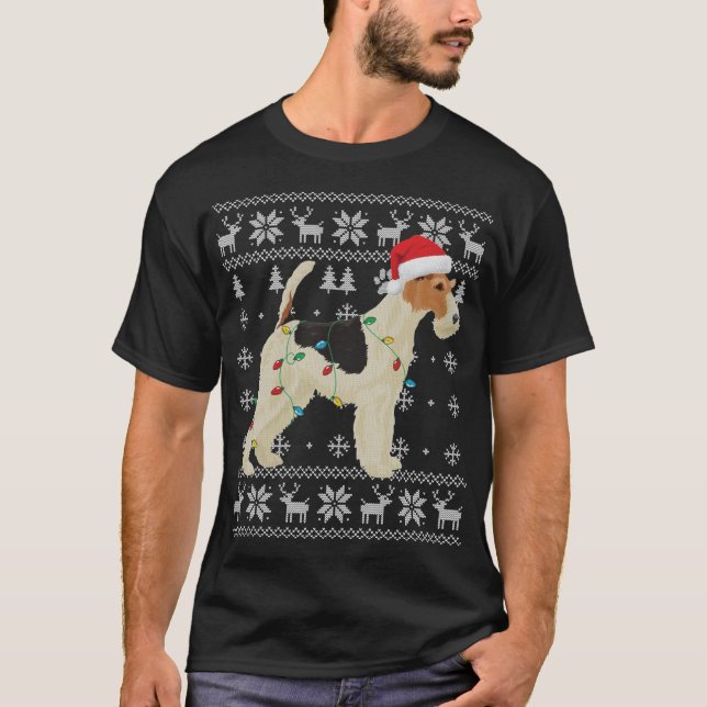 Camiseta Fox Terrier Christmas Ugly Lights Santa Hat D (Frente)