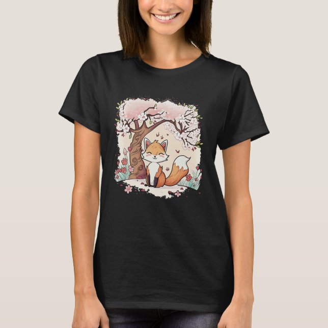 Camiseta Fox Vaporwave Under Cherry Blossom Japanese Aesthe (Frente)
