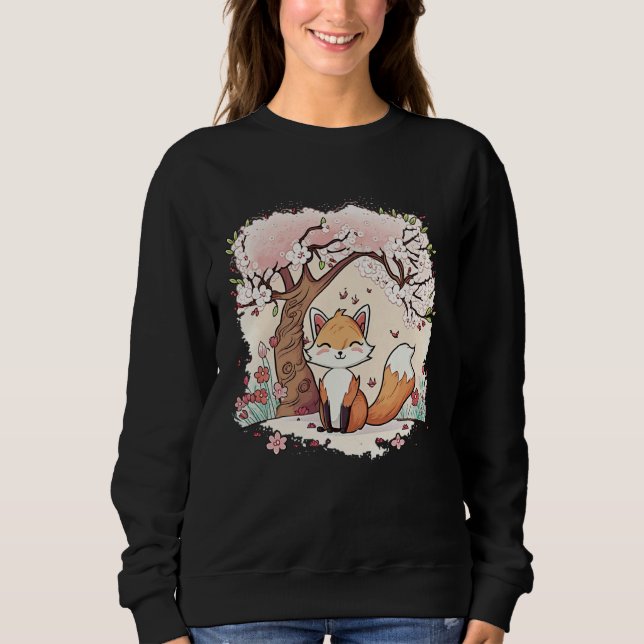 Camiseta Fox Vaporwave Under Cherry Blossom Japanese Aesthe (Frente)