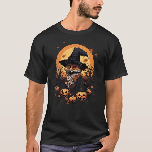 Camiseta Fox Witch Hat Pumpkins Halloween Costume (Frente)