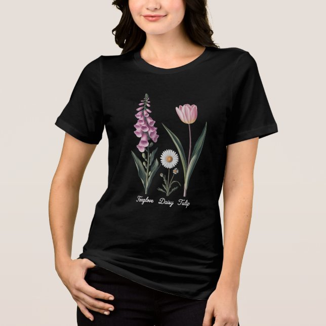 Camiseta Foxglove Daisy Tulip Floral Ilustração (Frente)