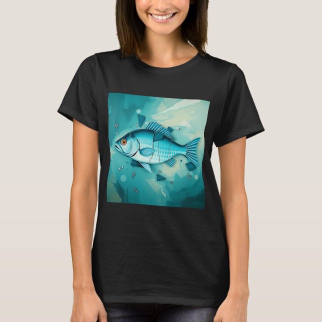 Camiseta Fragmentação de Peixe Turquesa Cubista (Frente)