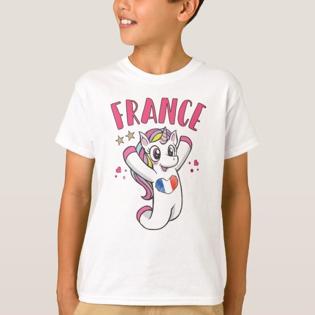 Camiseta França Soccer Fan Unicorn com bandeira cardíaca (Frente)