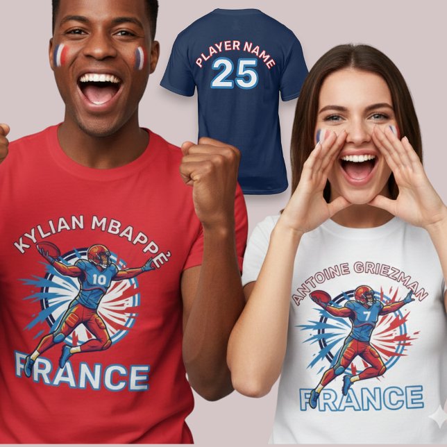 Camiseta France Football Dynamic Quarterback Patriotic Art (Use Personalized to change color/font.
Choose a color that matches the background color of shirt)