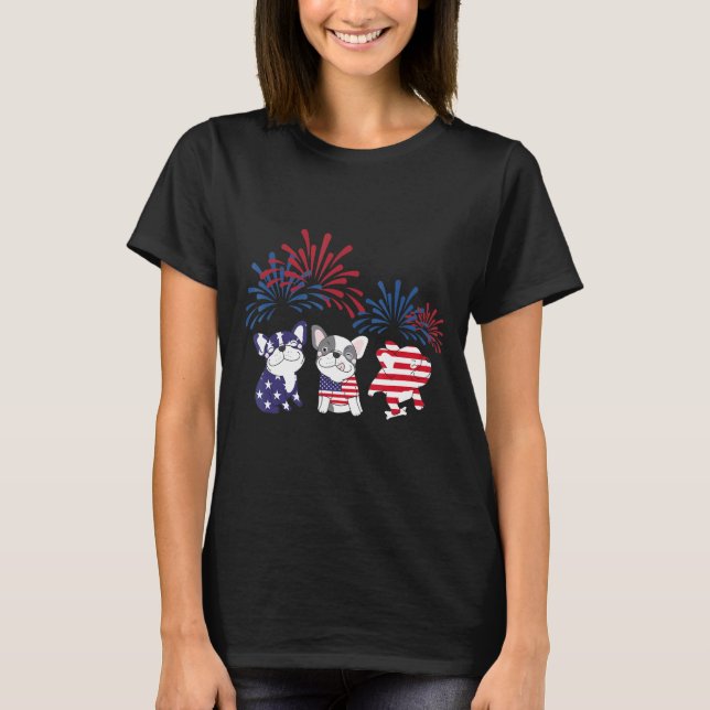 Camiseta Francês Buldogue Americano Flag Frenchie Fireworks (Frente)