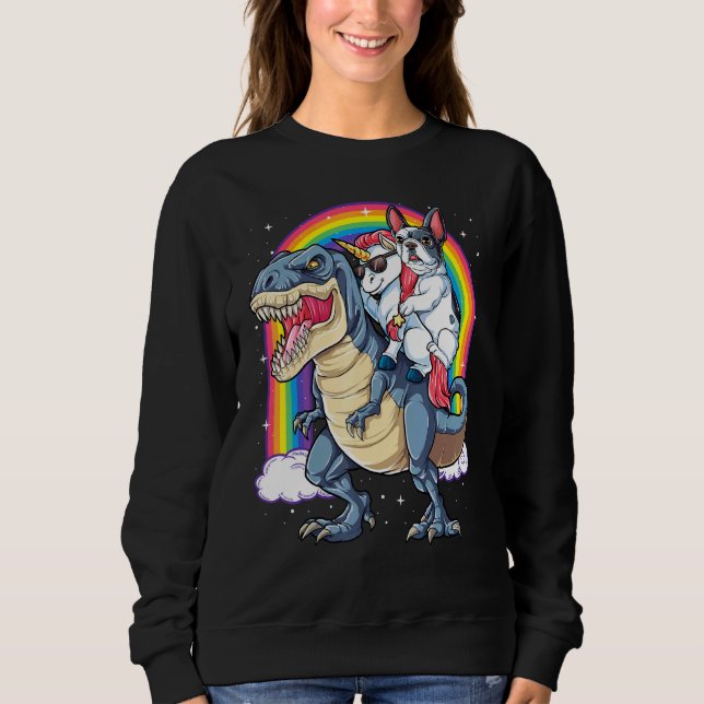 Camiseta Francês Buldogue Unicorn Andando Dinossauro T Rex  (Frente)