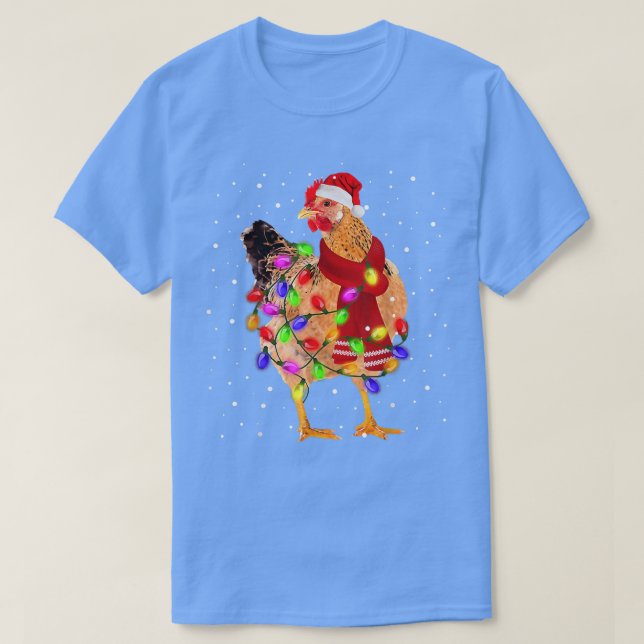 Camiseta Frango Árvore de Natal Santa Hat Fairy Lights Arou (Frente do Design)