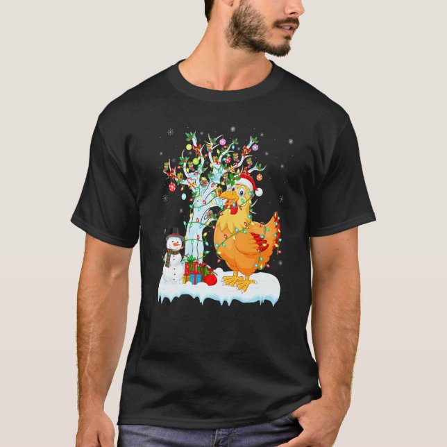 Camiseta Frango Ave Árvore de Natal Iluminação Chapéu de Pa (Frente)