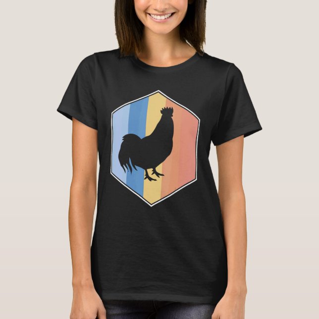 Camiseta Frango Com Cores Retro Em Um Hexágono (Frente)
