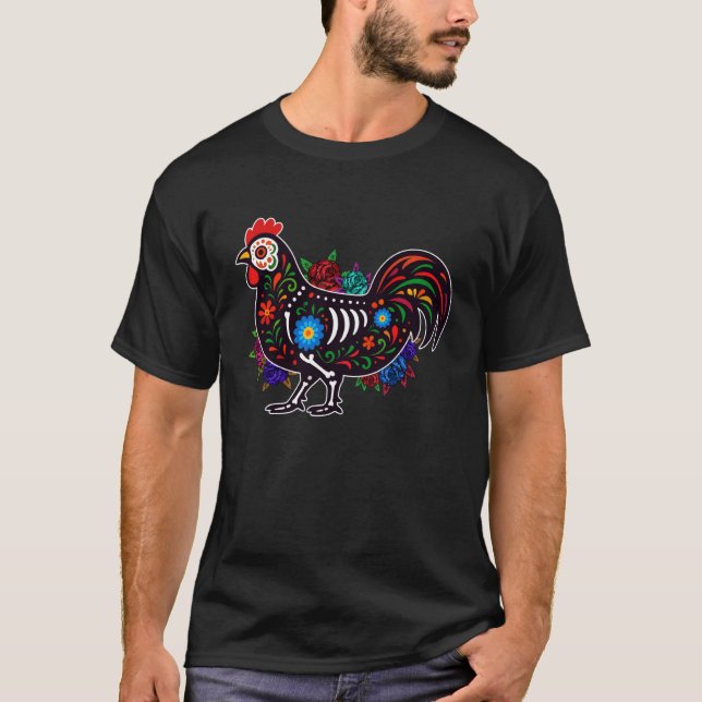 Camiseta Frango de Crânio de Açúcar Dia de Muertos Dia das  (Frente)