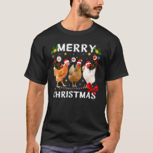 Camiseta Frango de Natal Alegre Chapéu do Papai Noel Luzes 