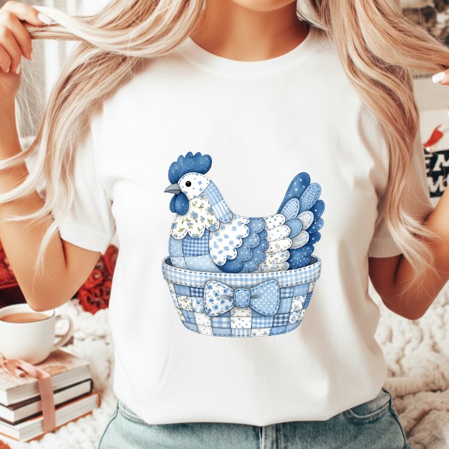 Camiseta Frango de Páscoa em Remendo Azul com Floral Xadrez (Criador carregado)