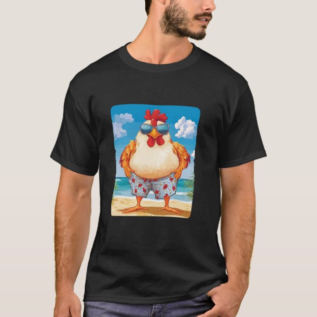 Camiseta Frango de Praia Engraçado com óculos de sol e maiô (Frente)