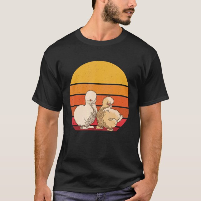 Camiseta Frango de Seda Retro Macio Passaro Fofo Pôr do Sol (Frente)