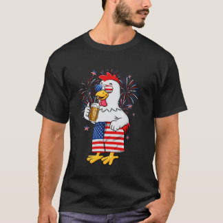 Camiseta Frango Engraçado Bebendo Cerveja Bandeira American