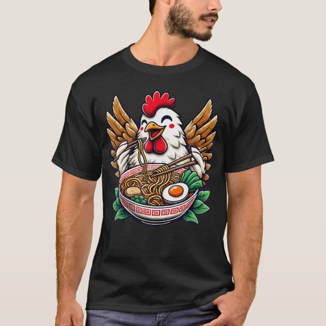 Camiseta Frango Kawaii Comendo Macarrão Ramen (Frente)