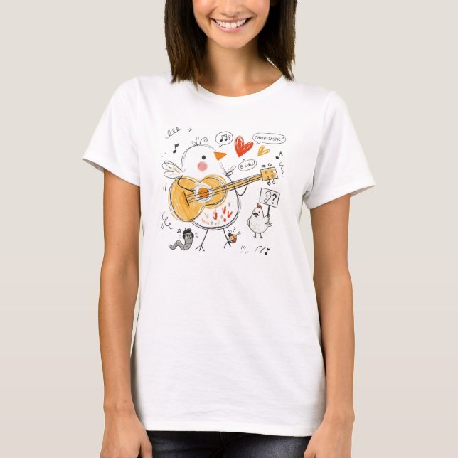 Camiseta Frango Musical Fofo Tocando Violão (Frente)