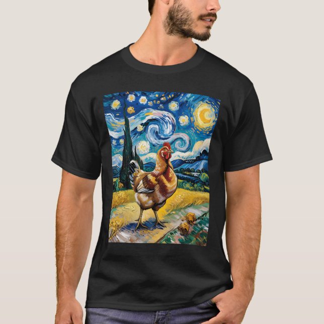 Camiseta Frango Noite Estrelada Van Gogh Estilo Fazenda de  (Frente)