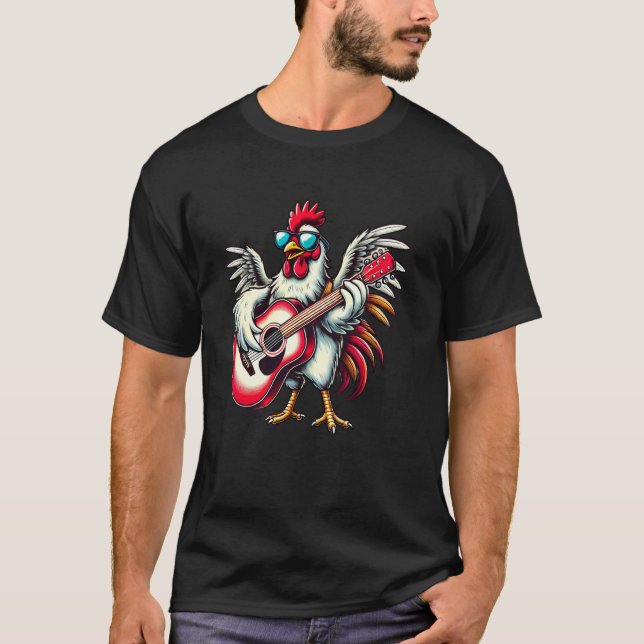 Camiseta Frango Usando Óculos de Sol Tocando Guitarra Músic (Frente)