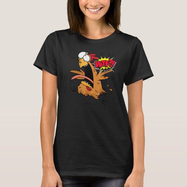 Camiseta Frango Wtf Correndo Assustado Gráfico (Frente)