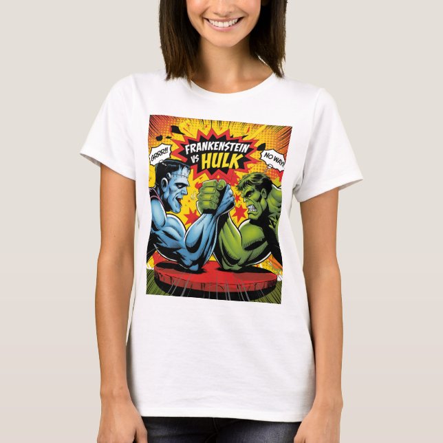 Camiseta Frankenstein vs Hulk - Pop clássico de arte (Frente)