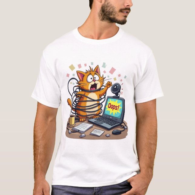 Camiseta Frantic Cat Cable Chaos Remote Work Oops (Frente)