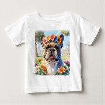 Französische Bulldogge mit Blumenkranz zum Muttert