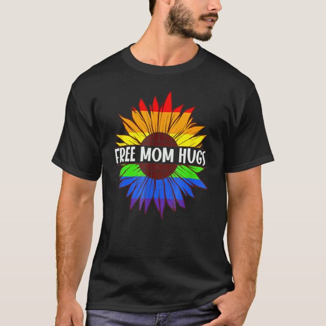 Camiseta Free Mãe Hugs Orgulho gay Lgbt Daisy Rainbow Sunfl (Frente)