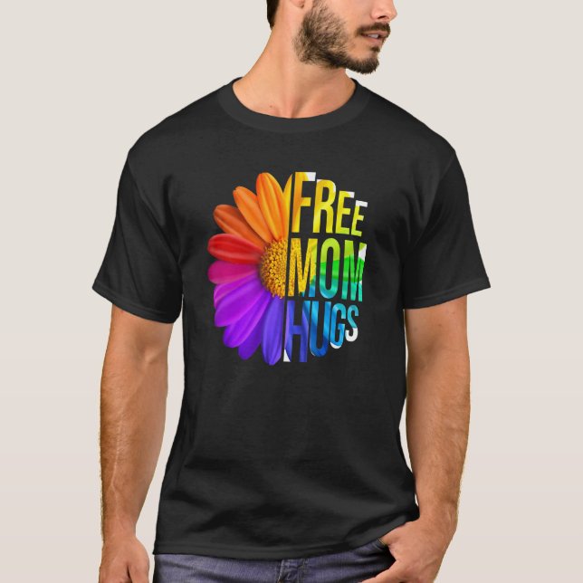 Camiseta Free Mom Hugs Daisy Flower LGBT Rainbow Flag Gay L (Frente)
