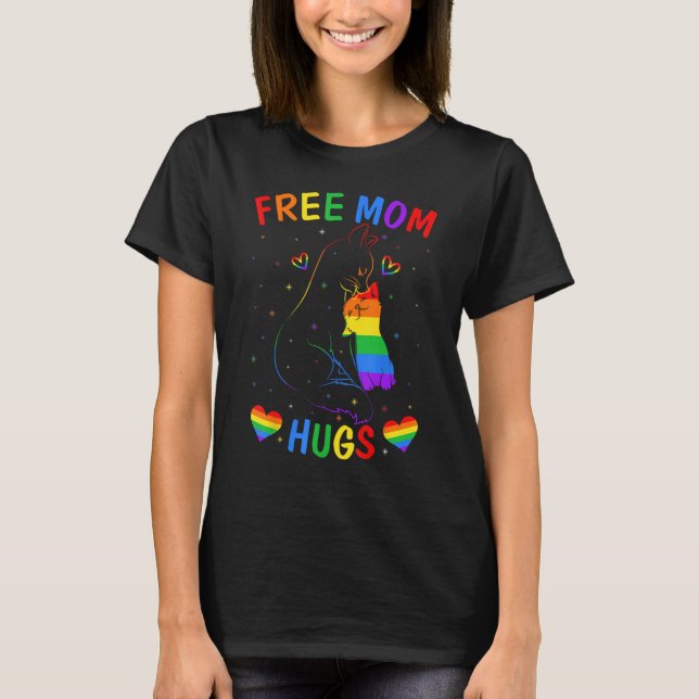 Camiseta Free Mom Hugs LGBT Cat Gay Pride Rainbow Cat  Ally (Frente)