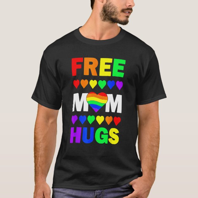 Camiseta Free Mom Hugs Rainbow Hearts LGBT Gay Lesbian Prid (Frente)