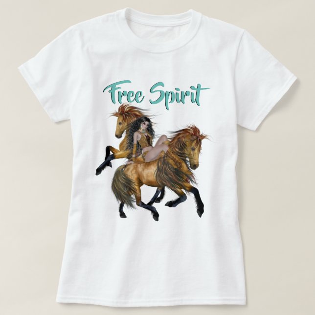 Camiseta Free Spirit Native American Princess e Stallions (Frente do Design)