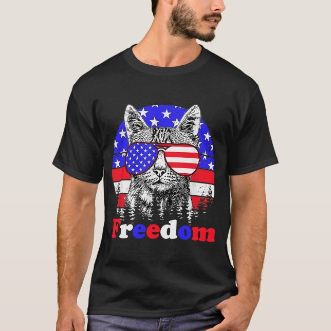 Camiseta Freedom Cat American Flag 4 de julho (Frente)