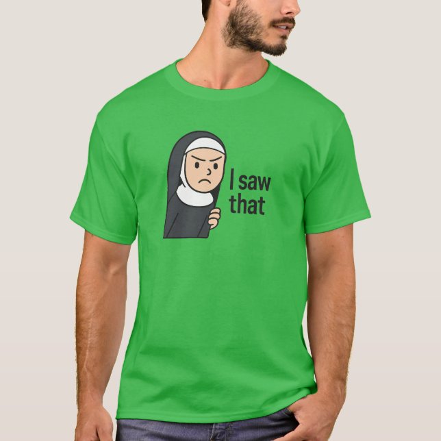 Camiseta freira de animação eu vi o jesus meme (Frente)