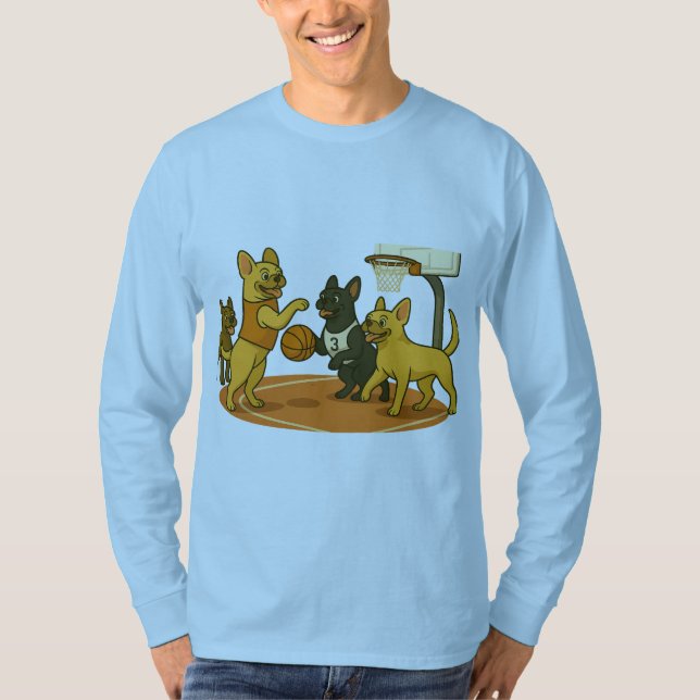 Camiseta French Bull Dogs playing basketball. (Frente)