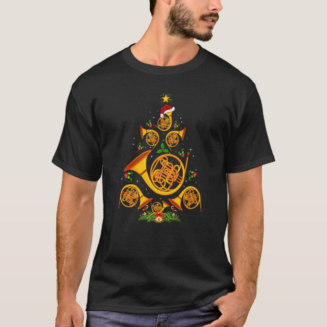 Camiseta French Horn  Xmas Lights French Horn Christmas Tre (Frente)