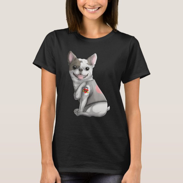 Camiseta Frenchie Eu Amo Mamãe Tatuagem Cachorro Engraçado  (Frente)
