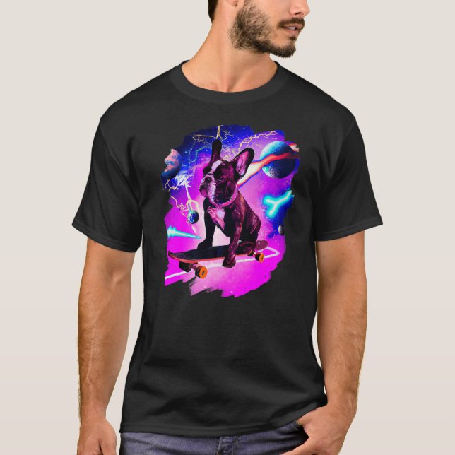 Camiseta Frenchie French Bulldog Skateboard Space Retro (Frente)
